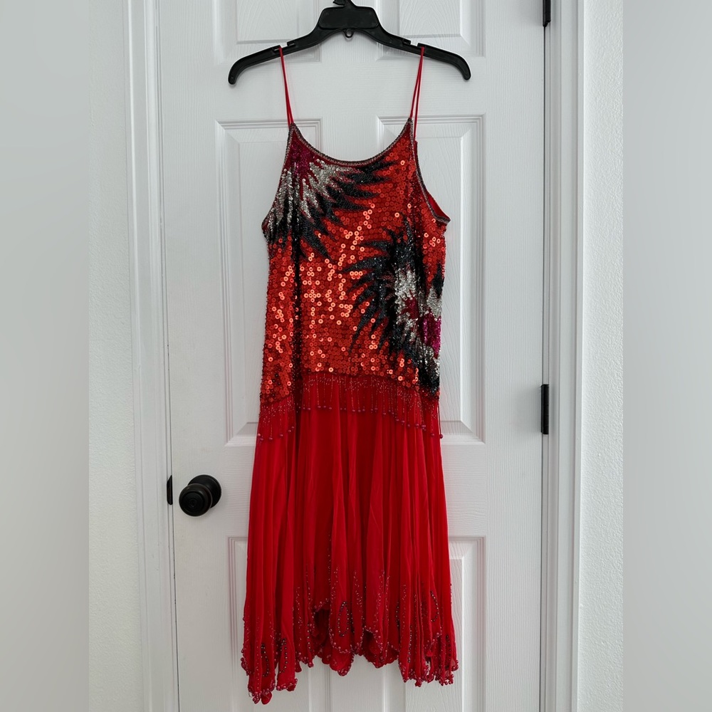 Sho Max Originals Size L Dress 100% pure Silk Sequins Red Beads performance gown